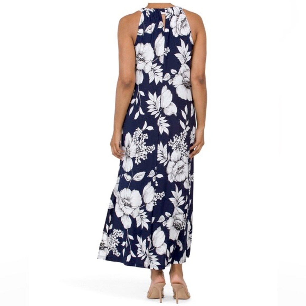 Anne Klein Floral Maxi Dress Navy Blue White Stretchy Size 10 - Picture 2 of 12